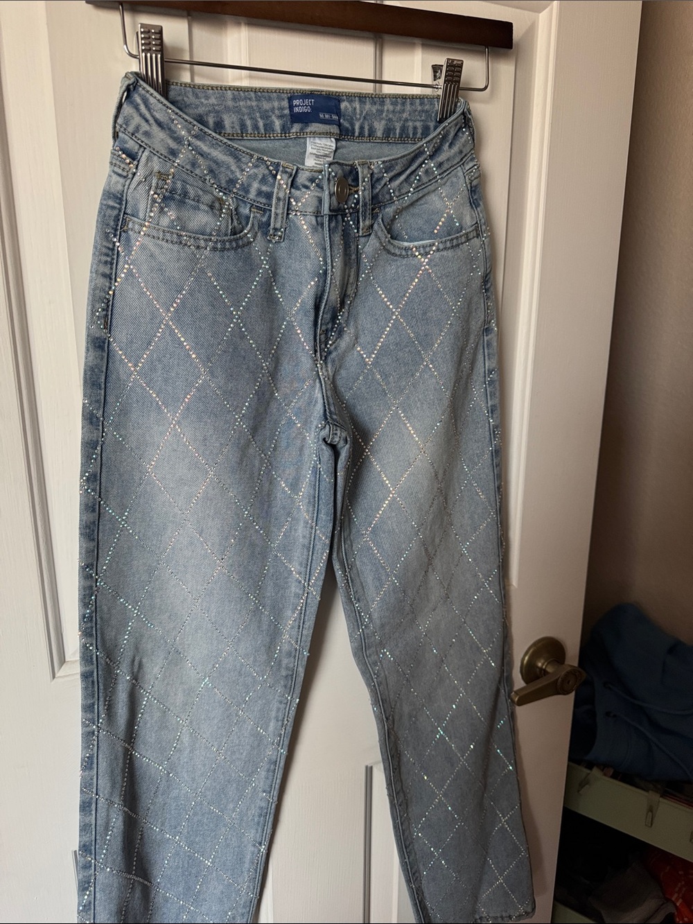 Project Runway Light Blue Straight Leg Jeans with Rhinestone Diamond Detail